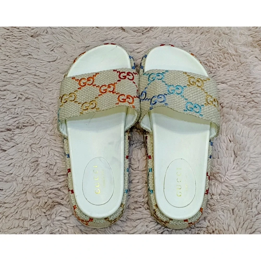 Gucci GG Multicolor Canvas Platform Slide Sandals White Leather Size 39 Italy